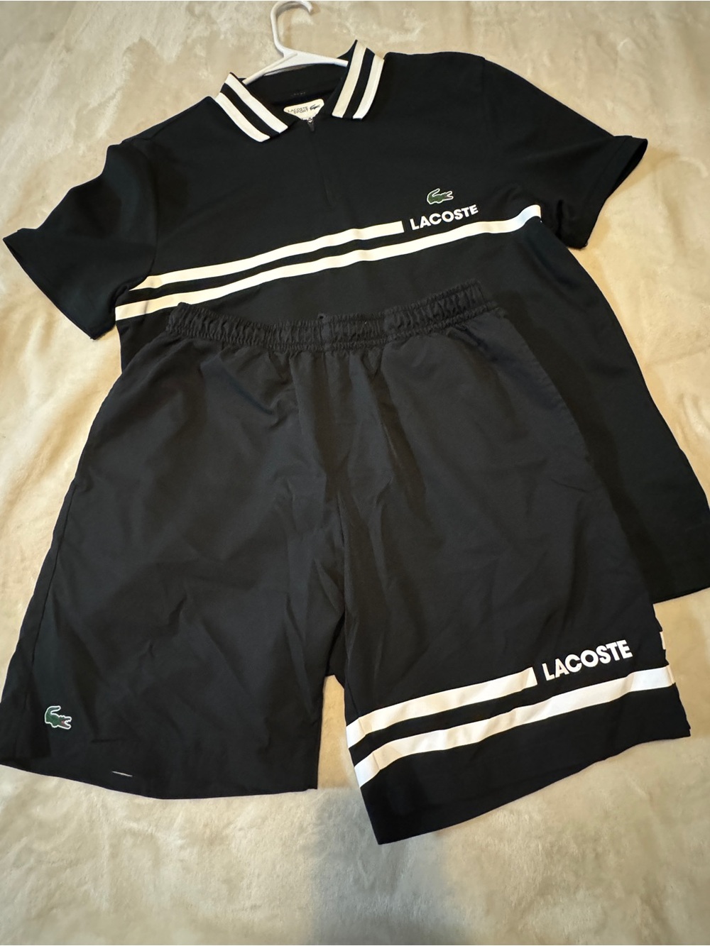 Lacoste Men’s Black Athletic Shorts with White Stripe Accents